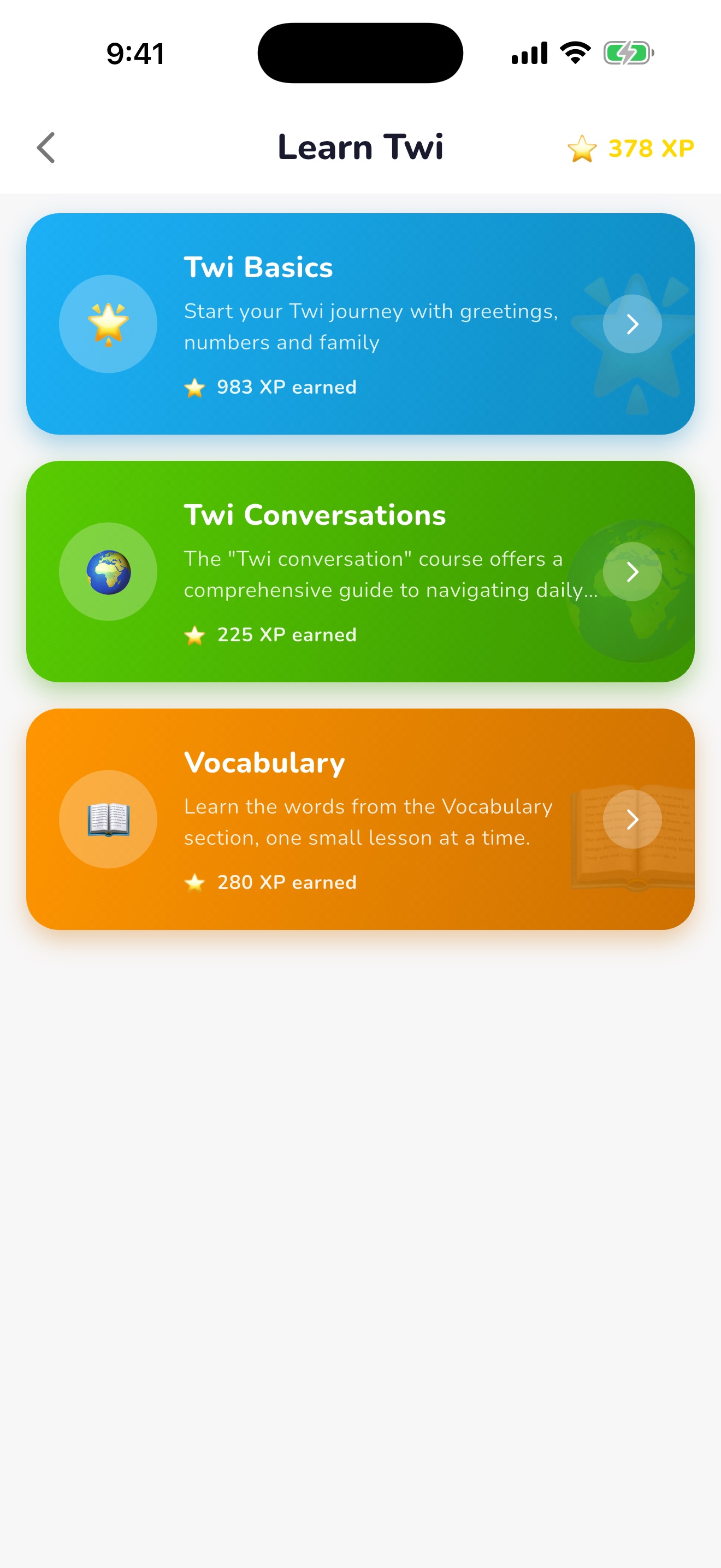 Twi Basics, Twi Conversations, and Vocabulary learning paths