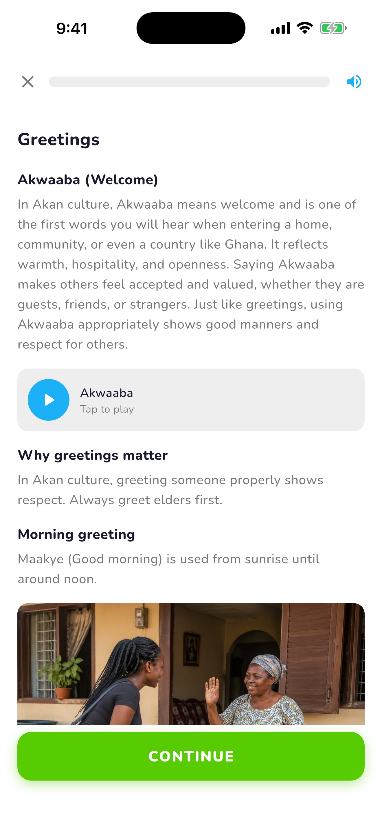 Akan Twi Guide greeting lesson with native audio and cultural context